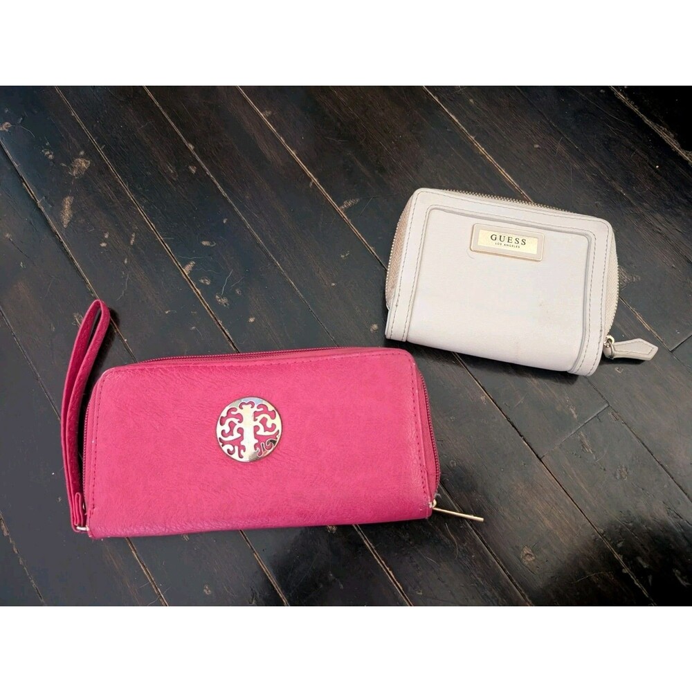 GUC 2 Pack Lot Wallet Guess + Other PINK BEIGE ZIP Faux Leather Mini Hand Credit
